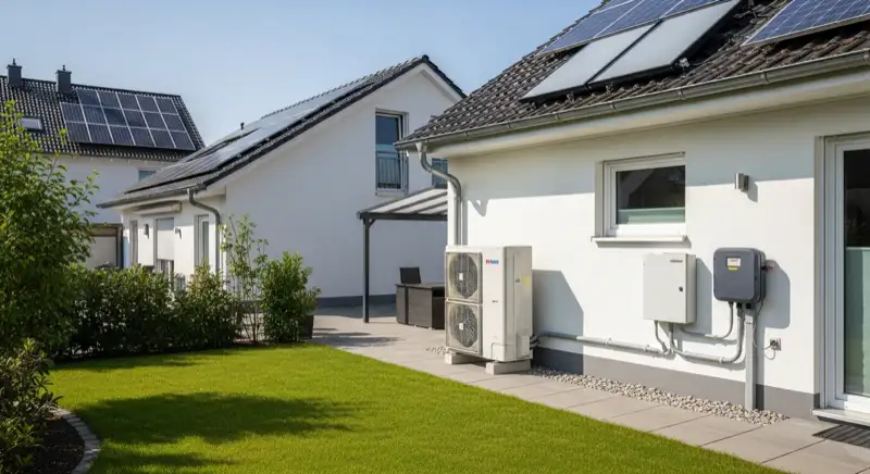 Modern German electrical meter cabinet (Zählerschrank) with smart meter and solar inverter connection, clean technical installation