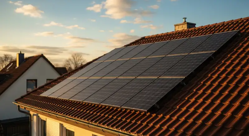 Close-up of photovoltaic solar panels installed on a traditional German Satteldach (gabled roof), blue sky with some clouds