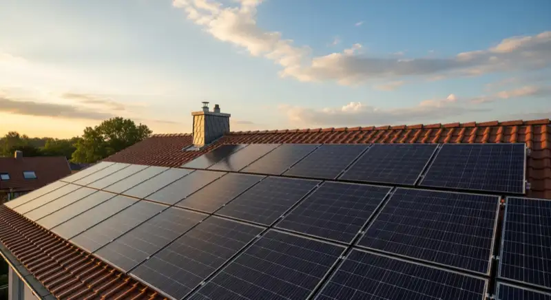 Close-up of photovoltaic solar panels installed on a traditional German Satteldach (gabled roof), blue sky with some clouds