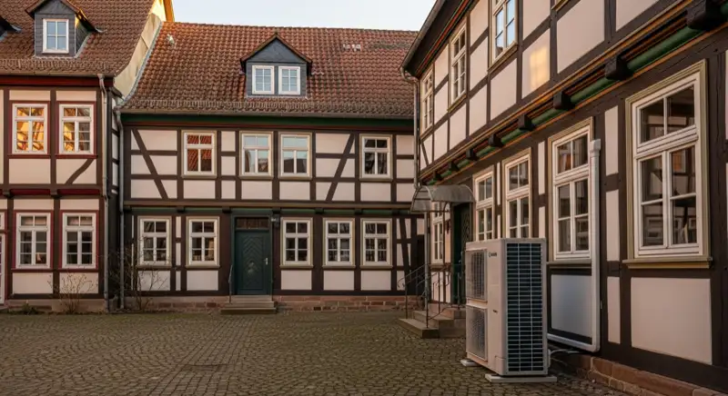 Historisches Fachwerkhaus in Celle mit dezent im Innenhof platzierter Wärmepumpen-Außeneinheit