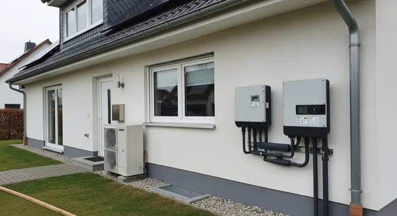 Modern German electrical meter cabinet (Zählerschrank) with smart meter and solar inverter connection, clean technical installation
