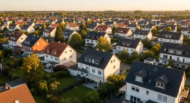 Aerial drone view of typical German residential neighborhood with mixed roof types, red and dark roof tiles, gardens visible, sunny day