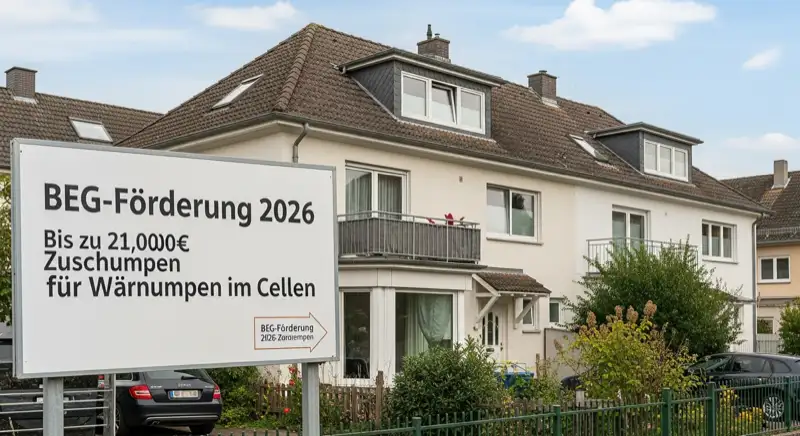 Aerial drone view of typical German residential neighborhood with mixed roof types, red and dark roof tiles, gardens visible, sunny day