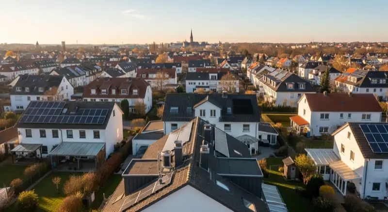 Aerial drone view of typical German residential neighborhood with mixed roof types, red and dark roof tiles, gardens visible, sunny day