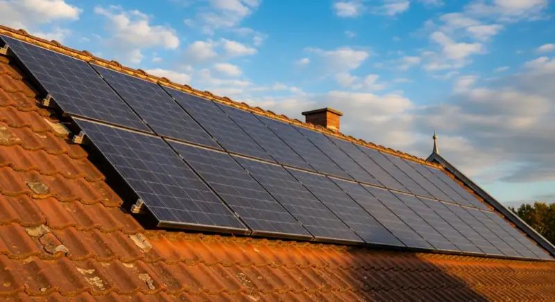 Close-up of photovoltaic solar panels installed on a traditional German Satteldach (gabled roof), blue sky with some clouds