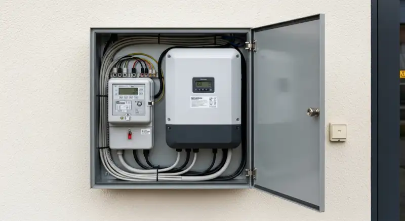 Modern German electrical meter cabinet (Zählerschrank) with smart meter and solar inverter connection, clean technical installation
