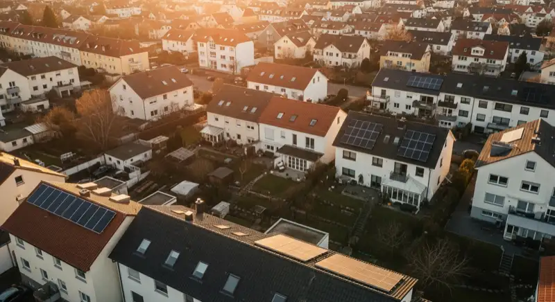 Aerial drone view of typical German residential neighborhood with mixed roof types, red and dark roof tiles, gardens visible, sunny day
