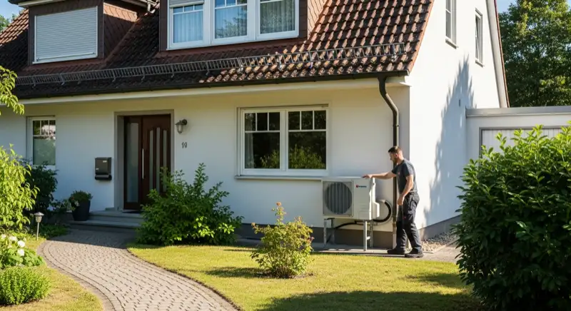 Installateur plant eine Wärmepumpen-Außeneinheit vor einem Wohnhaus in Coburg