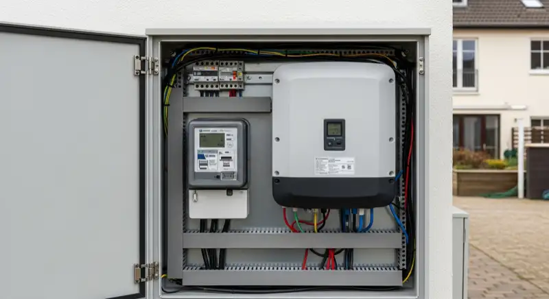 Modern German electrical meter cabinet (Zählerschrank) with smart meter and solar inverter connection, clean technical installation