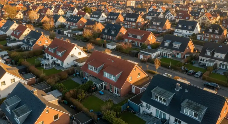 Aerial drone view of typical German residential neighborhood with mixed roof types, red and dark roof tiles, gardens visible, sunny day