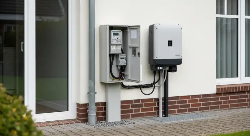 Modern German electrical meter cabinet (Zählerschrank) with smart meter and solar inverter connection, clean technical installation