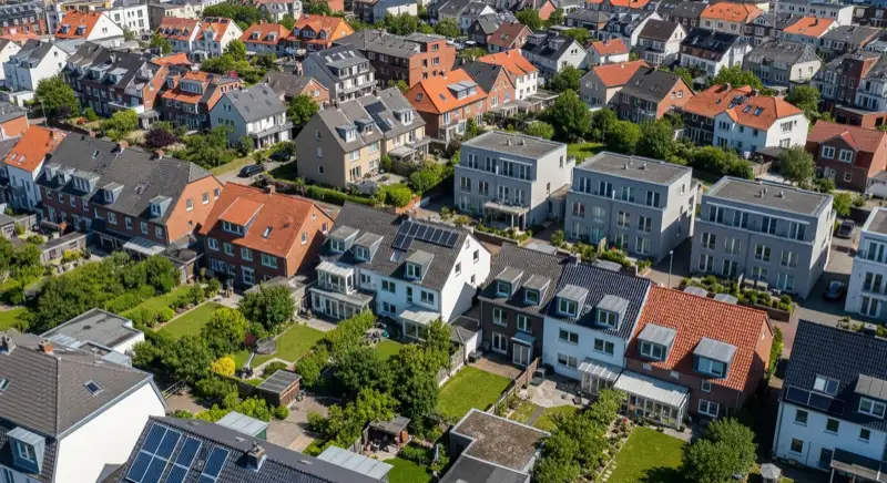 Aerial drone view of typical German residential neighborhood with mixed roof types, red and dark roof tiles, gardens visible, sunny day