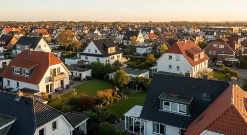 Aerial drone view of typical German residential neighborhood with mixed roof types, red and dark roof tiles, gardens visible, sunny day