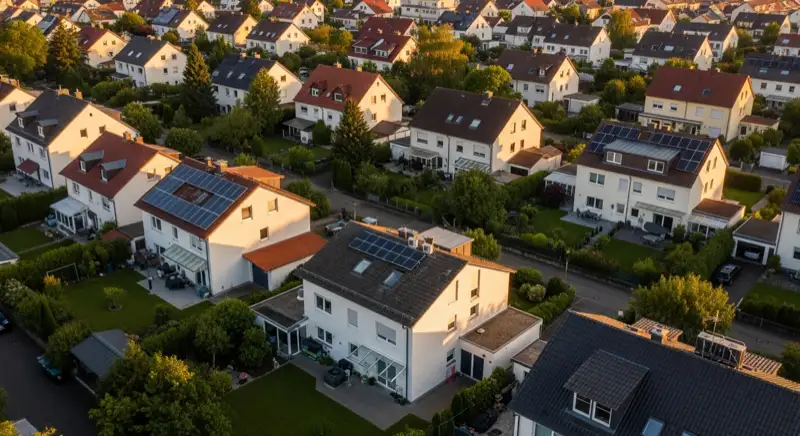 Aerial drone view of typical German residential neighborhood with mixed roof types, red and dark roof tiles, gardens visible, sunny day