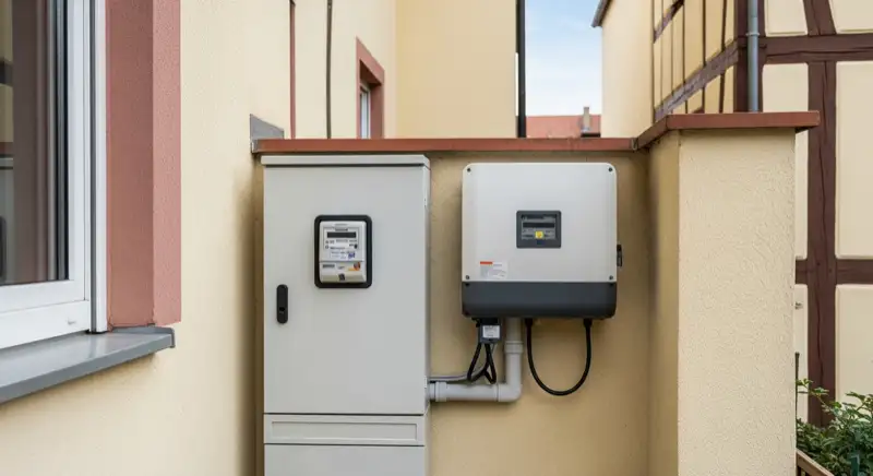 Modern German electrical meter cabinet (Zählerschrank) with smart meter and solar inverter connection, clean technical installation
