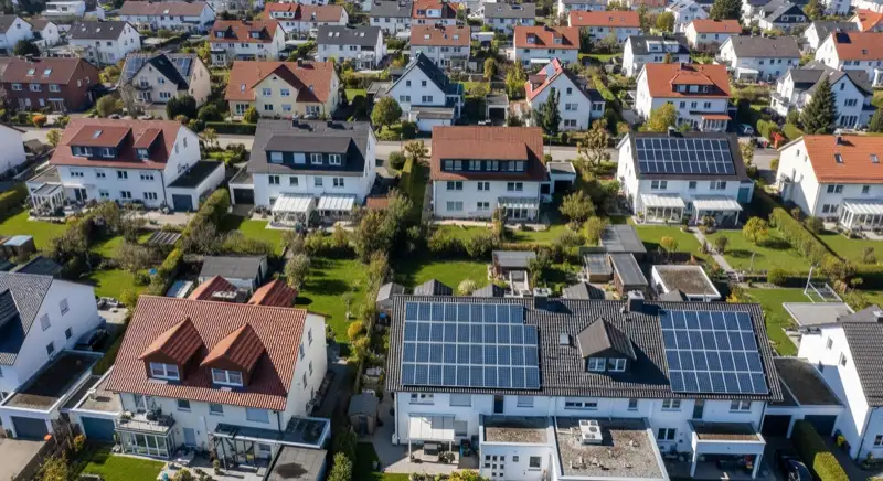 Aerial drone view of typical German residential neighborhood with mixed roof types, red and dark roof tiles, gardens visible, sunny day
