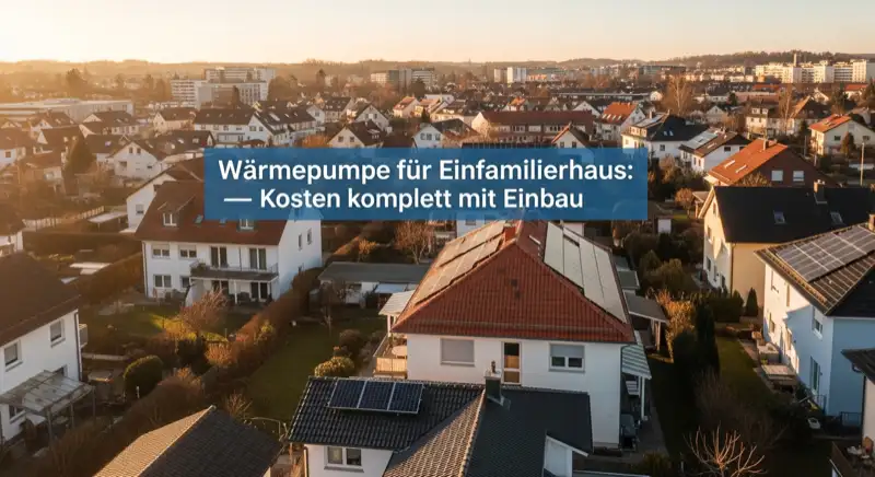 Aerial drone view of typical German residential neighborhood with mixed roof types, red and dark roof tiles, gardens visible, sunny day