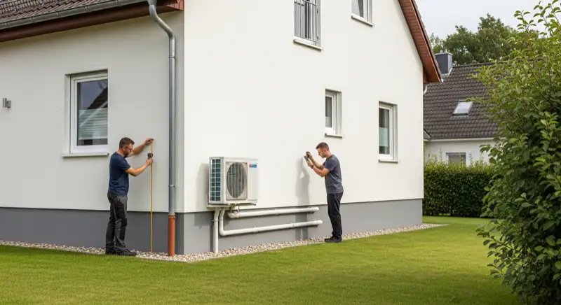 Installateur vermisst mit einem digitalen Messgerät den Einbauort einer Wärmepumpe an einem Einfamilienhaus in Dessau-Roßlau