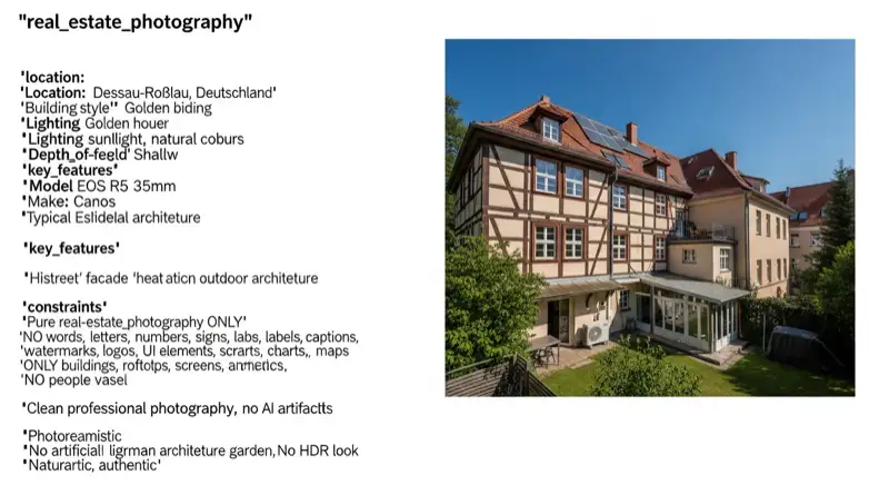 Older German residential building in Dessau-Roßlau with discreet heat pump outdoor unit in a side yard