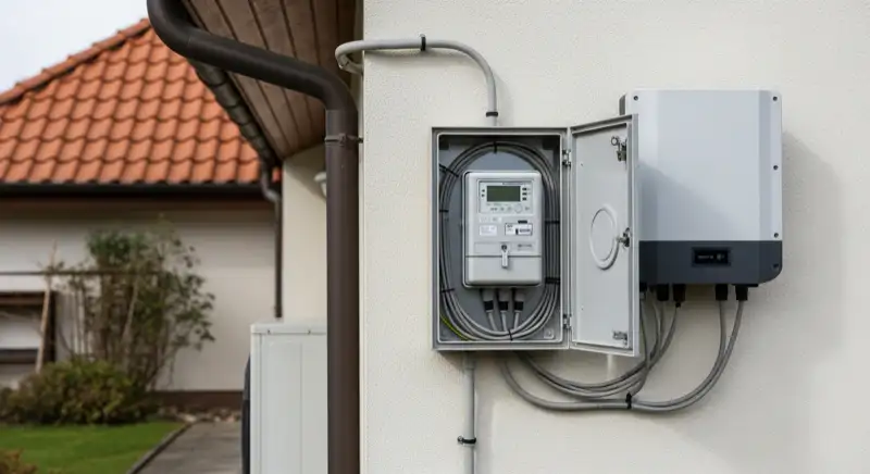 Modern German electrical meter cabinet (Zählerschrank) with smart meter and solar inverter connection, clean technical installation