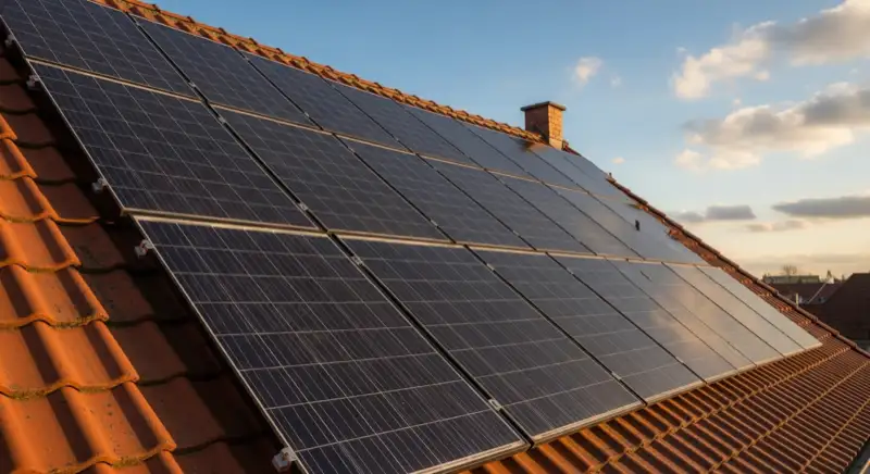 Close-up of photovoltaic solar panels installed on a traditional German Satteldach (gabled roof), blue sky with some clouds