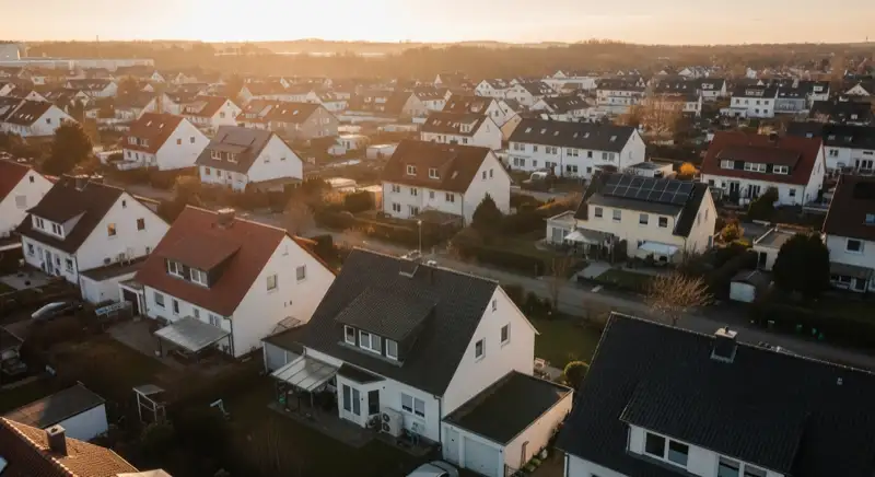 Aerial drone view of typical German residential neighborhood with mixed roof types, red and dark roof tiles, gardens visible, sunny day