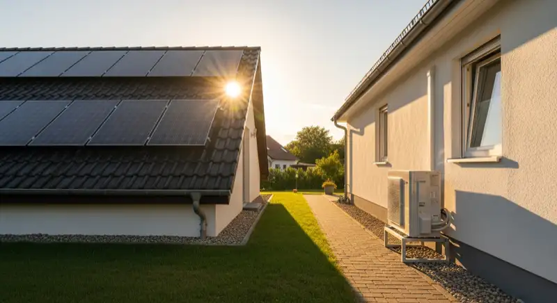 Heat pump outdoor unit installed beside a detached German house with visible facade and garden path, realistic real-estate photography