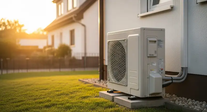 White heat pump outdoor unit with clear free space beside a German residential house in Dessau-Roßlau