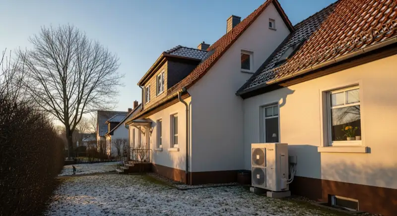 Air-source heat pump outdoor unit next to a German residential house on a cold clear winter day, no people and no text