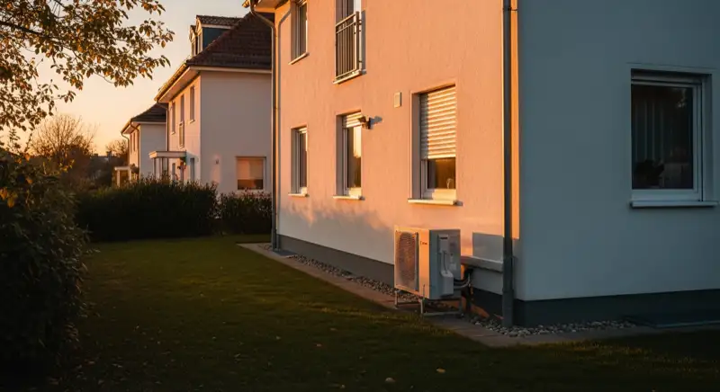 German residential house in Dessau-Roßlau with a discreet heat pump outdoor unit placed beside the facade