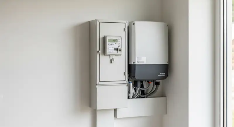 Modern German electrical meter cabinet (Zählerschrank) with smart meter and solar inverter connection, clean technical installation