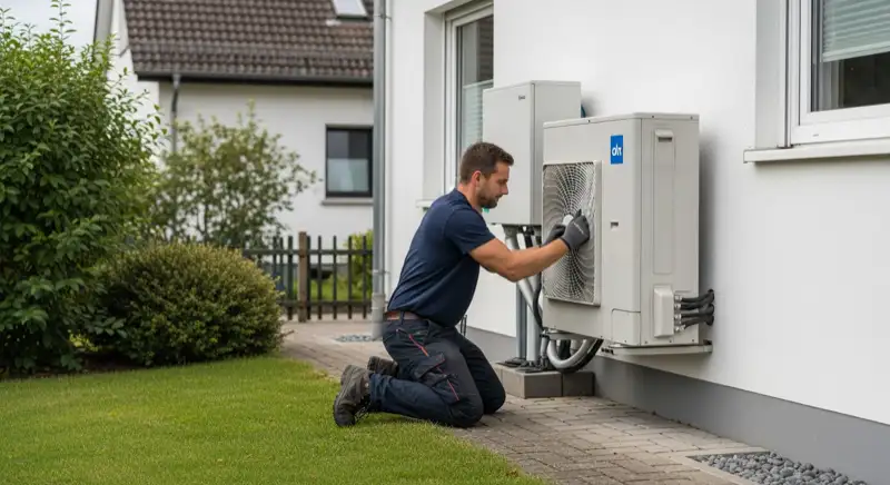Installateur montiert Wärmepumpen-Außeneinheit vor Einfamilienhaus in Dinslaken