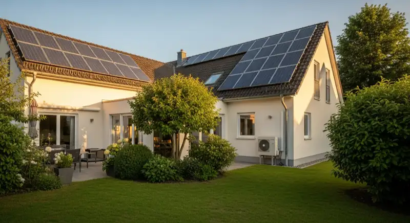 German detached house (Einfamilienhaus) with photovoltaic panels on pitched roof, well-maintained garden, warm afternoon sunlight