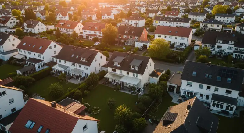 Aerial drone view of typical German residential neighborhood with mixed roof types, red and dark roof tiles, gardens visible, sunny day