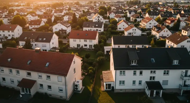 Aerial drone view of typical German residential neighborhood with mixed roof types, red and dark roof tiles, gardens visible, sunny day