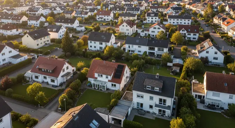 Aerial drone view of typical German residential neighborhood with mixed roof types, red and dark roof tiles, gardens visible, sunny day