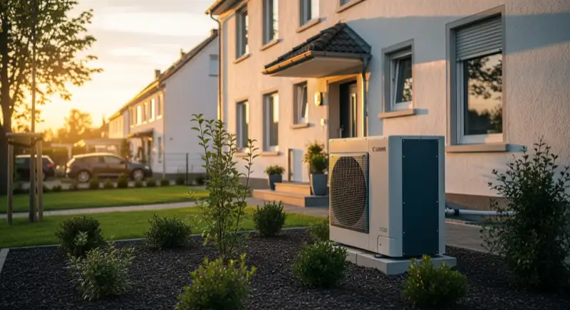 Sanierter Altbau in Dormagen mit moderner Luft-Wasser-Wärmepumpe im Vorgarten