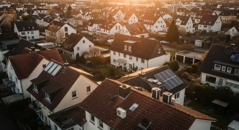 Aerial drone view of typical German residential neighborhood with mixed roof types, red and dark roof tiles, gardens visible, sunny day