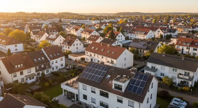 Aerial drone view of typical German residential neighborhood with mixed roof types, red and dark roof tiles, gardens visible, sunny day