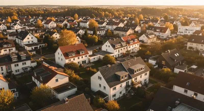 Aerial drone view of typical German residential neighborhood with mixed roof types, red and dark roof tiles, gardens visible, sunny day
