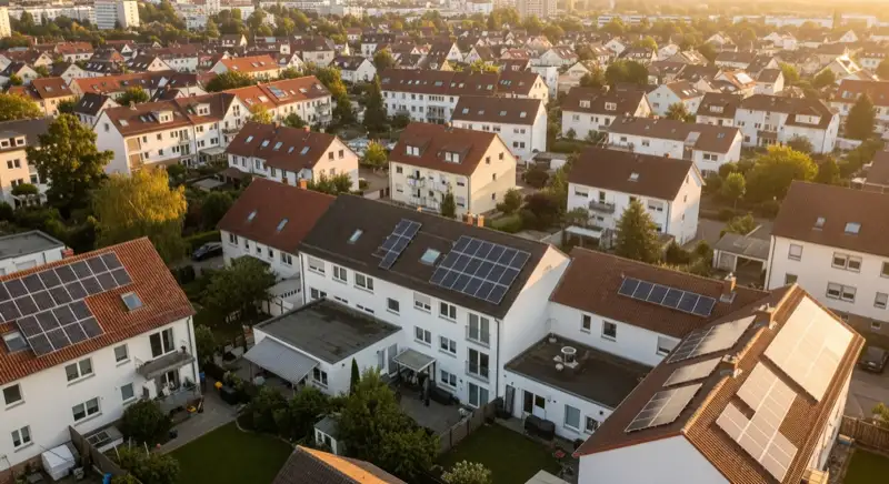 Aerial drone view of typical German residential neighborhood with mixed roof types, red and dark roof tiles, gardens visible, sunny day