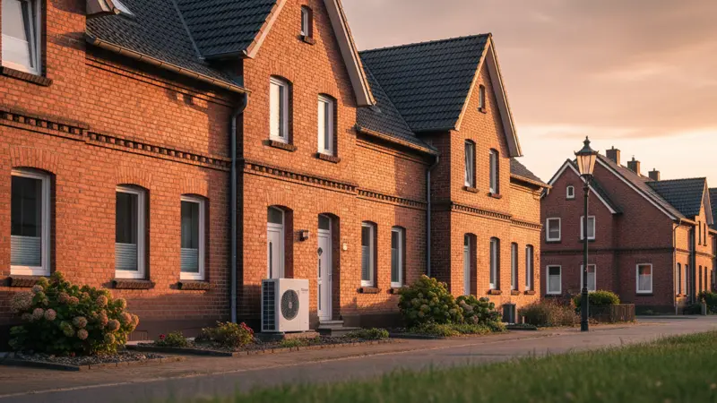 Moderne Luft-Wärmepumpe vor einem Einfamilienhaus in Dortmund, Ruhrgebiet