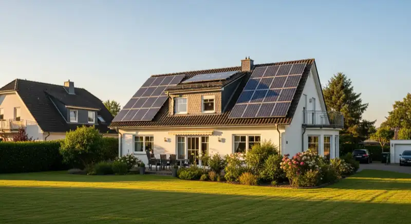German detached house (Einfamilienhaus) with photovoltaic panels on pitched roof, well-maintained garden, warm afternoon sunlight