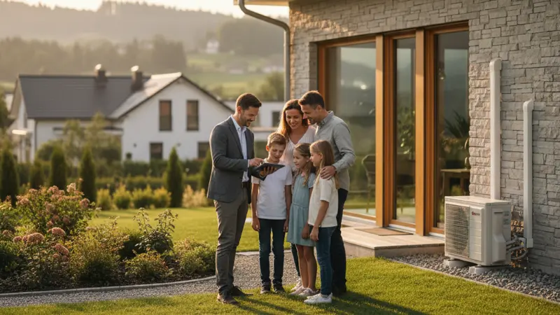 Wärmepumpe Außengerät neben einem Dortmunder Einfamilienhaus mit Garten