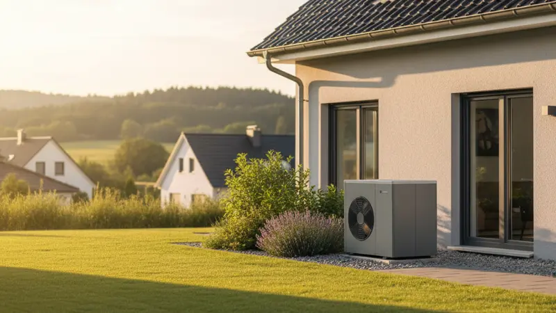 Energieberater berät Familie vor einem Dortmunder Einfamilienhaus über Wärmepumpen-Förderung