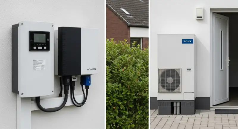 Modern German electrical meter cabinet (Zählerschrank) with smart meter and solar inverter connection, clean technical installation