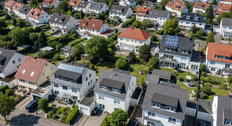 Aerial drone view of typical German residential neighborhood with mixed roof types, red and dark roof tiles, gardens visible, sunny day