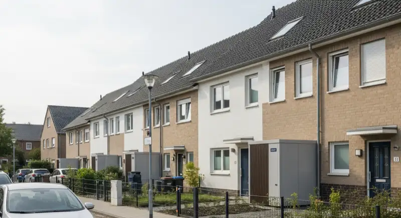 Typische Wohnsiedlung in Dortmund mit modernen Wärmepumpen-Außengeräten vor Einfamilienhäusern