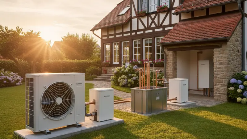 Installateur bei der Montage einer Wärmepumpe in einem Dortmunder Keller