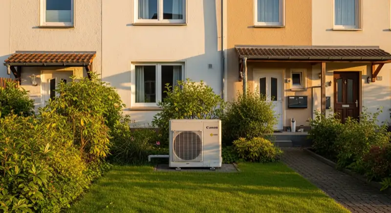 Charakteristische Dortmunder Zechenhäuser mit moderner Wärmepumpen-Außeneinheit im Vorgarten